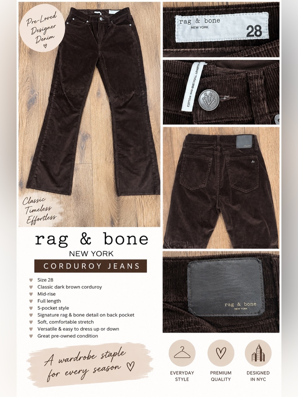 Rag & Bone New York Brown Corduroy Jeans – Size 28